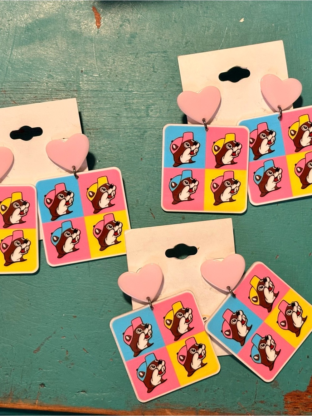 Cute Pop Art Buc-ee’s Heart Drop Earrings — Pink, Yellow, Blue